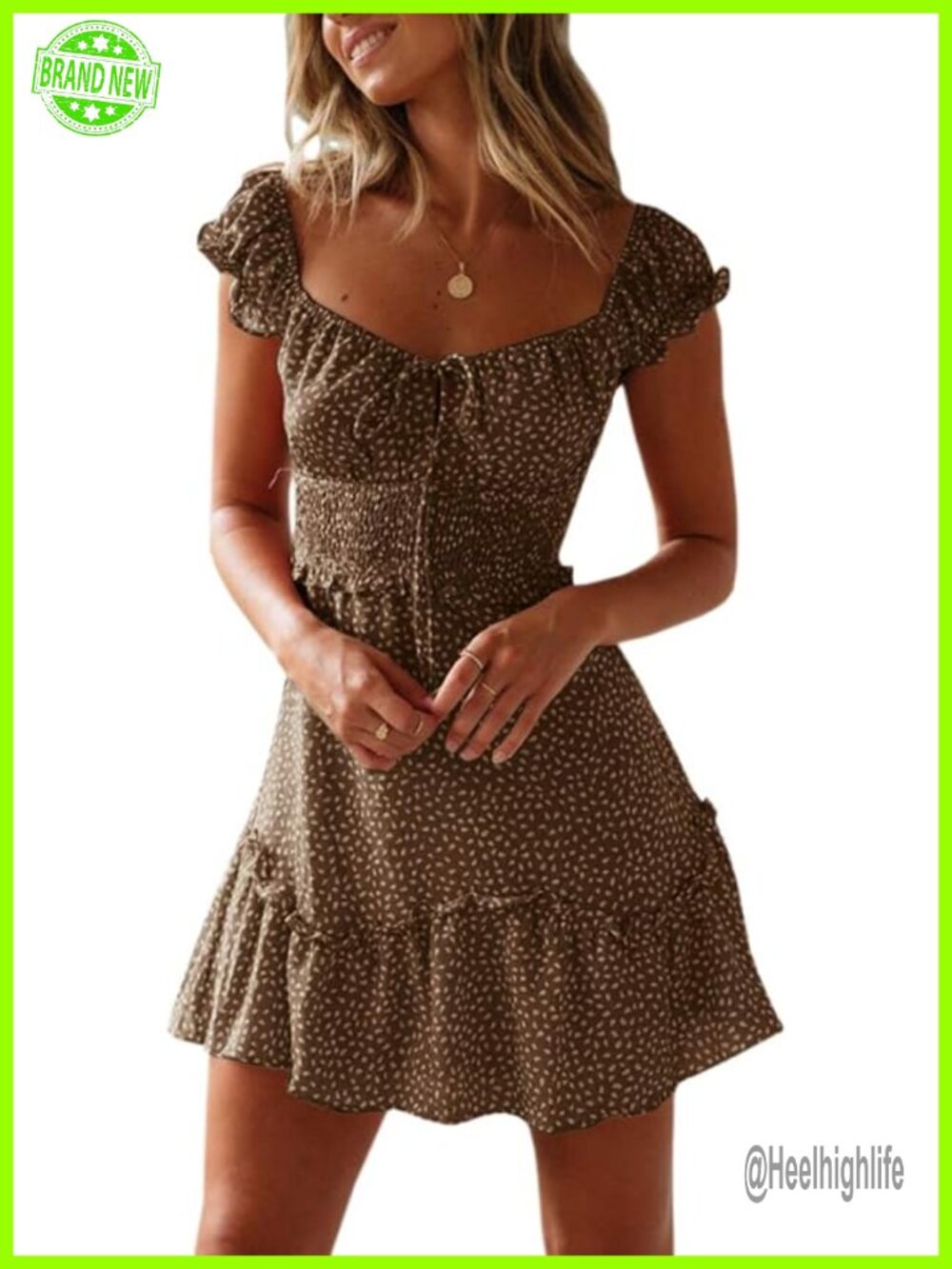 Polyester Ruffle Sleeve Sweetheart Mini Dress - Summer Casual Boho - Picture 1 of 7